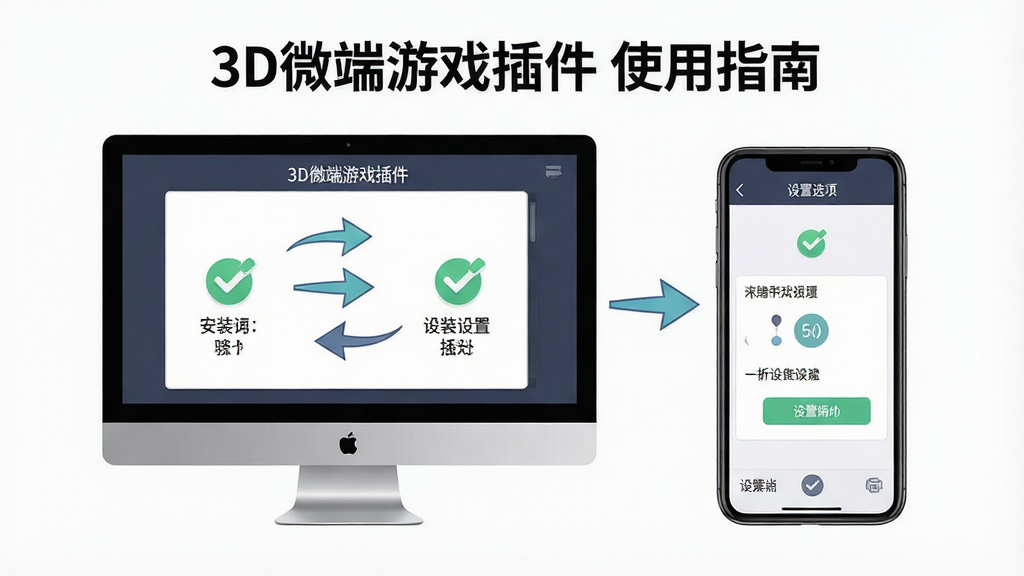 一张展示3D微端游戏插件使用指南的流程图,主体为电脑屏幕与手机屏幕并排,屏幕上显示安装步骤与设置选项,布局为左右分栏,风格为简洁信息图,细节包含勾选图标与箭头指引,画质清晰,干净无多余元素,图中带有文字“3D微端游戏插件 使用指南”