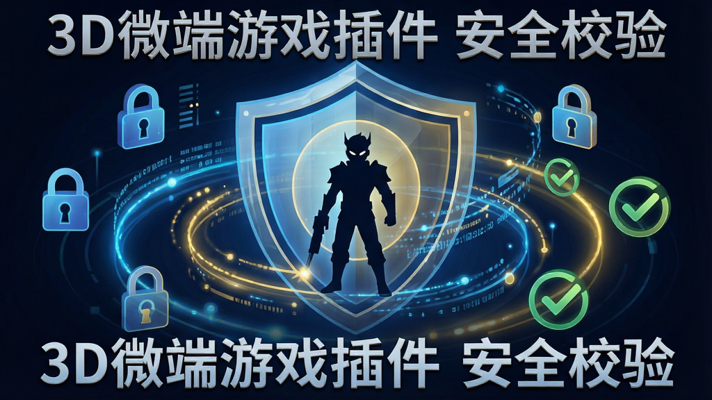 一幅展示智能资源调度与安全防护的示意图,主体为盾牌与数据流交织的图形,布局为环绕式,中心为游戏角色剪影,周围有锁形图标与校验对勾,风格为安全科技风,细节包含蓝色与金色光效,画质清晰,干净无多余元素,图中带有文字“3D微端游戏插件 安全校验”