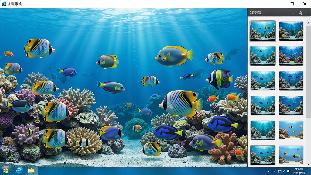 动态水族馆桌面软件主界面全貌展示,画面中央是一个电脑桌面,桌面上呈现出一片清澈湛蓝的海水,水中有色彩斑斓的热带鱼在珊瑚礁间自由游动,画面右侧有软件的控制面板,面板上显示着各种水族馆场景的缩略图,整体布局清晰,风格写实唯美,细节丰富,画质高清,干净整洁,无多余元素