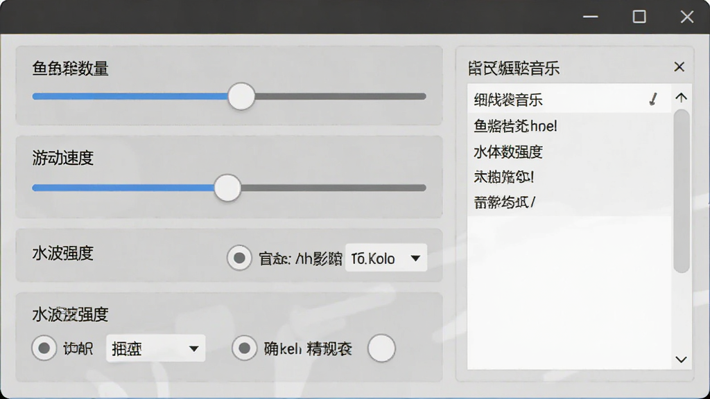 动态水族馆桌面软件设置界面截图,画面中展示了一个详细的设置面板,面板上有鱼群数量滑块、游动速度调节条、水波强度选项、背景音乐选择列表等,界面布局整齐,风格简洁现代,细节清晰,画质高清,干净无多余元素