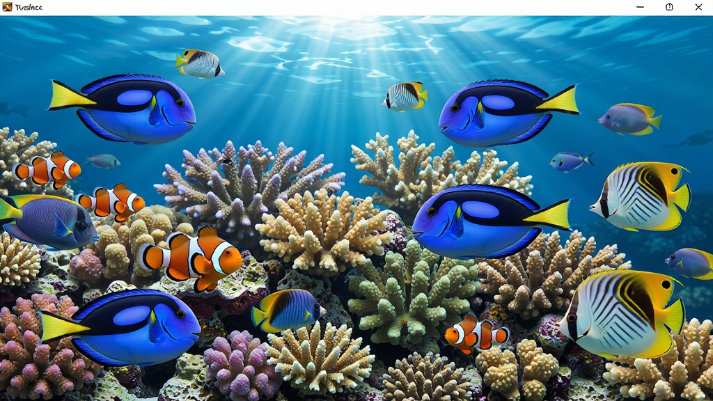 动态水族馆桌面软件中的热带珊瑚礁场景特写,画面主体是色彩缤纷的珊瑚礁,周围有各种热带鱼在游动,包括小丑鱼、蓝吊鱼和蝴蝶鱼,水中有阳光折射的光斑,画面布局饱满,风格写实逼真,细节精致,画质清晰,干净无多余元素