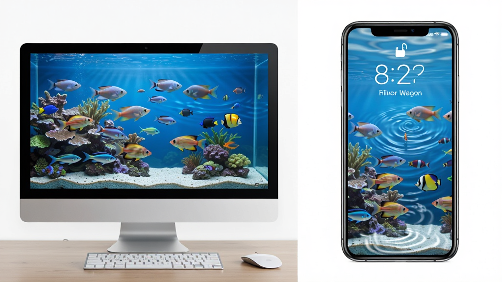 动态水族馆桌面软件在电脑和手机上的使用对比图,左侧展示电脑桌面上的动态水族馆效果,右侧展示手机锁屏界面上的水族馆壁纸,画面布局左右对称,风格简洁清晰,细节可见鱼群游动和水波效果,画质高清,干净无多余元素