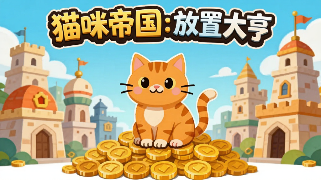 一只橘色猫咪坐在金币堆上,背景是猫咪帝国建筑群,画面中央有