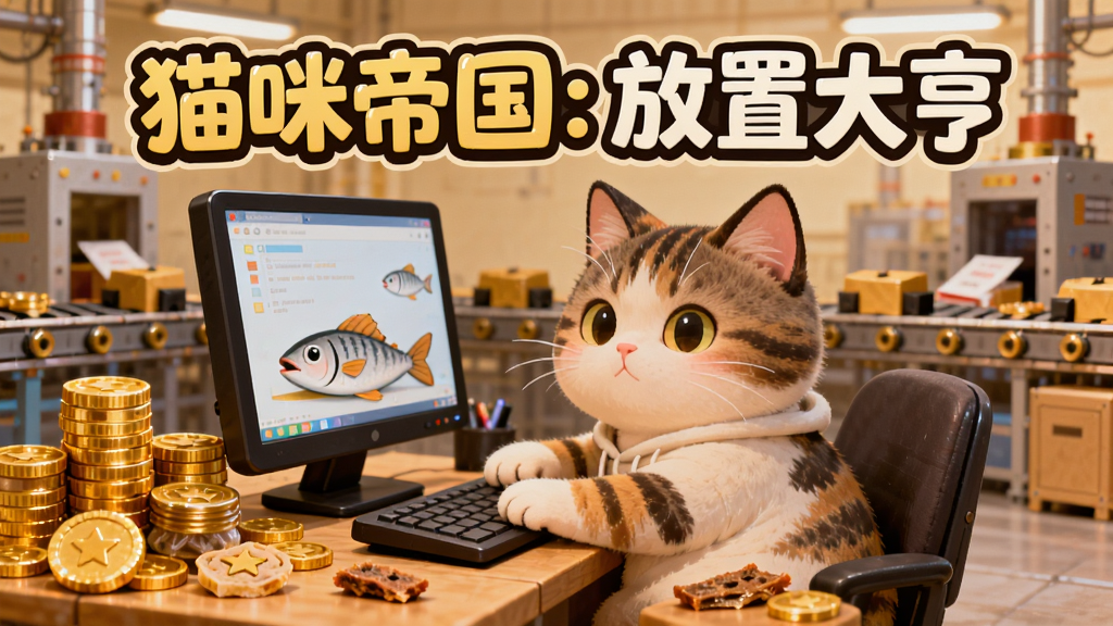 一只猫咪坐在办公桌前操作电脑,桌上堆满金币和鱼干,背景是工厂流水线,画面中央有