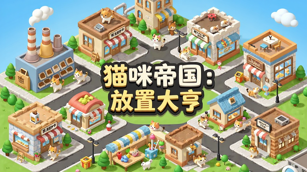 猫咪帝国全景鸟瞰图,包含猫粮工厂猫玩具店猫咪咖啡厅等建筑,猫咪在建筑间穿梭,画面中央有