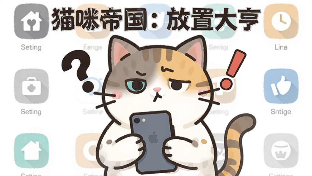 一只猫咪拿着手机表情困惑,旁边有问号和感叹号,背景是手机设置界面图标,画面中央有