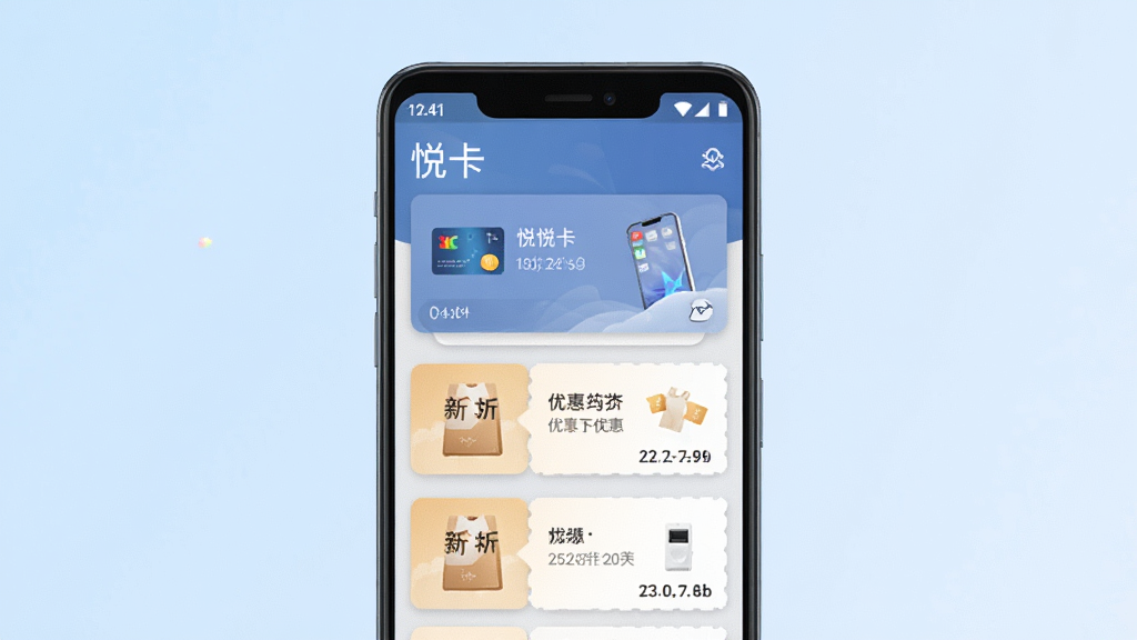 一张展示“悦卡”手机应用主界面的预览图,画面中央为一部竖屏安卓手机,屏幕内显示卡片列表与优惠券模块,背景为浅蓝色渐变,风格简洁现代,细节清晰,画质干净,无多余元素