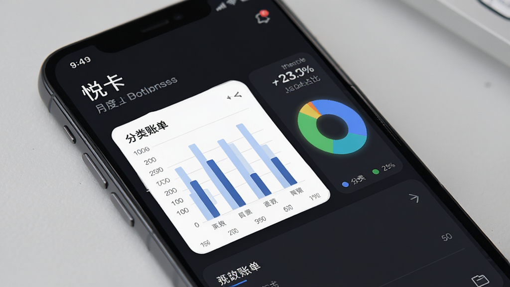 一部手机屏幕上显示“悦卡”的月度账单图表,包含柱状图与分类占比,界面为深色模式,风格商务简洁,画质干净,无多余元素