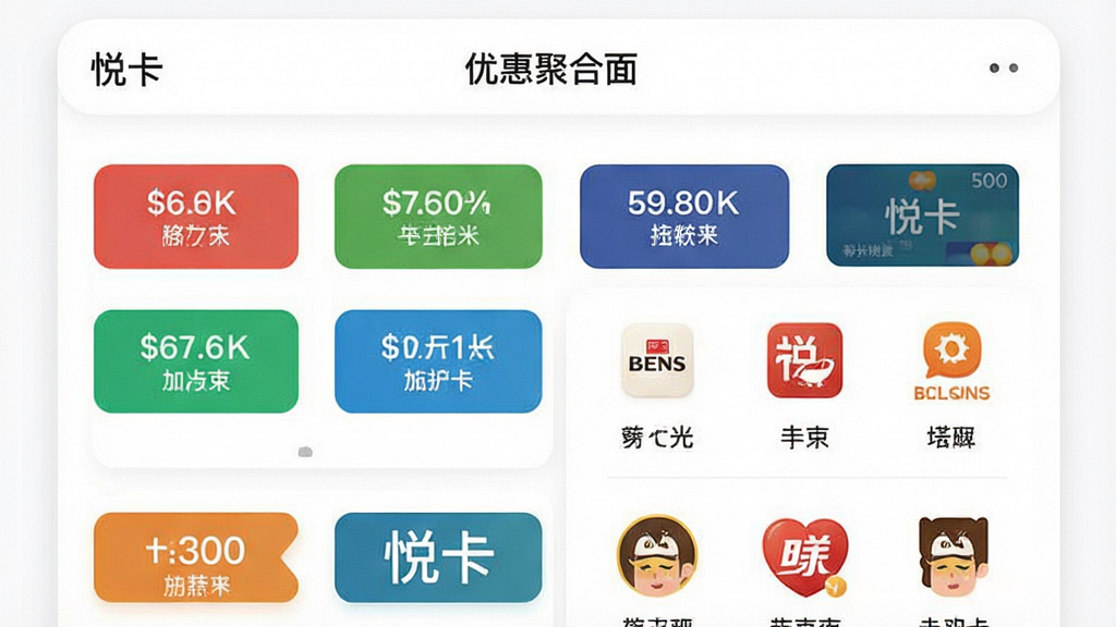 一张“悦卡”软件内的优惠聚合页面示意图,画面中显示多个折扣标签与商家图标,背景为白色卡片式布局,风格清爽,细节丰富,画质干净,无多余元素