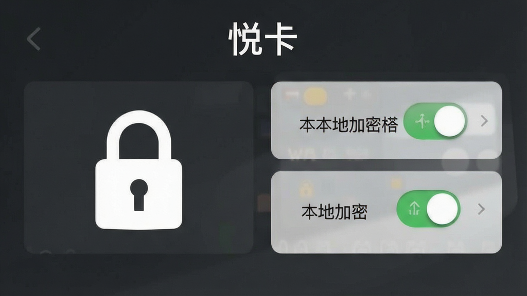 一张“悦卡”安全设置界面的预览图,画面中显示应用锁与本地加密开关,背景为深灰色,风格稳重,细节清晰,画质干净,无多余元素