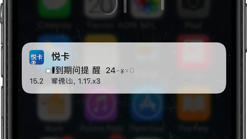 一张展示“悦卡”应用在手机上弹出到期提醒通知的截图,画面为锁屏界面,通知卡片清晰可见,背景为深色,风格真实,画质干净,无多余元素