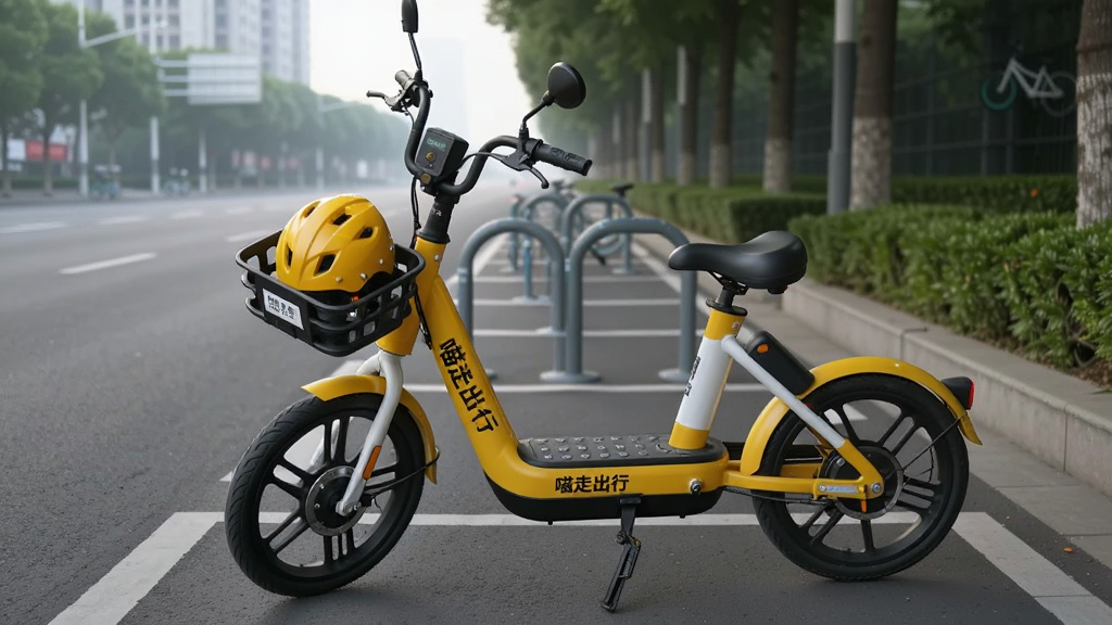 一辆黄色“喵走出行”共享电单车停放在城市非机动车停放区,车筐内放置一顶安全头盔,车身干净整洁,背景为清晨的城市街道和绿树,构图主体为电单车侧面,风格为写实产品摄影,细节包括车身品牌标识、头盔、停车线,画质高清,干净无多余元素
