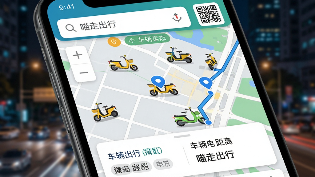 手机屏幕特写,显示“喵走出行”App的地图界面,地图上有多个黄色电单车图标和蓝色定位点,屏幕上方有搜索框和扫码入口,下方弹出车辆电量与距离信息卡片,背景为模糊的城市夜景,风格为现代UI展示风格,细节包括地图缩放控件、车辆状态标签、导航路线,画质高清,干净无多余元素