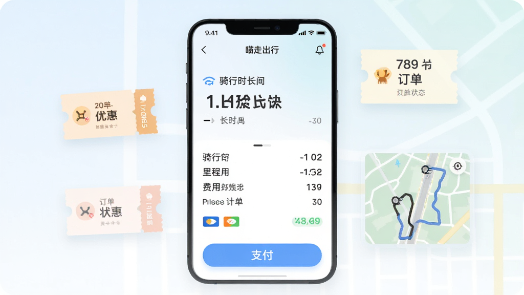 手机界面展示“喵走出行”App的计费与订单页面,屏幕中央显示骑行时长、里程、费用明细和支付按钮,周围有优惠券图标和骑行轨迹小地图,背景为简洁的浅色渐变,风格为清新商务扁平化设计,细节包括数字字体、支付方式图标、订单状态标签,画质清晰,干净无多余元素