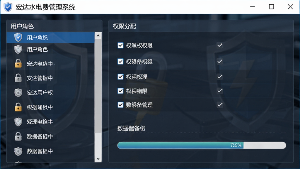 宏达水电费管理系统数据安全与权限管理界面,主体为软件权限设置窗口,布局左侧为用户角色列表,右侧为勾选式权限分配面板,排版对称,风格为严谨安全风,细节包含盾牌图标、锁形图标、数据备份进度条,画面干净,画质为高清,无多余元素