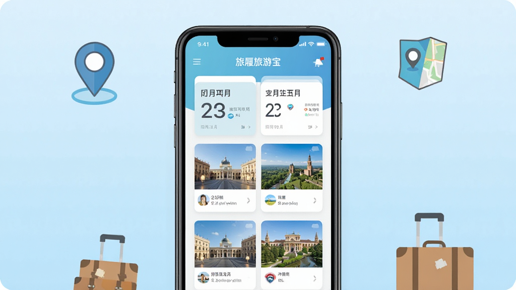 一张展示旅履旅游宝手机应用主界面的图片,画面中央是一部智能手机,屏幕显示旅履旅游宝的行程列表页面,包含日期卡片和景点缩略图,背景为浅蓝色渐变,周围点缀地图定位图标和行李箱元素,整体风格清新简约,扁平化设计,画质清晰,干净无多余元素