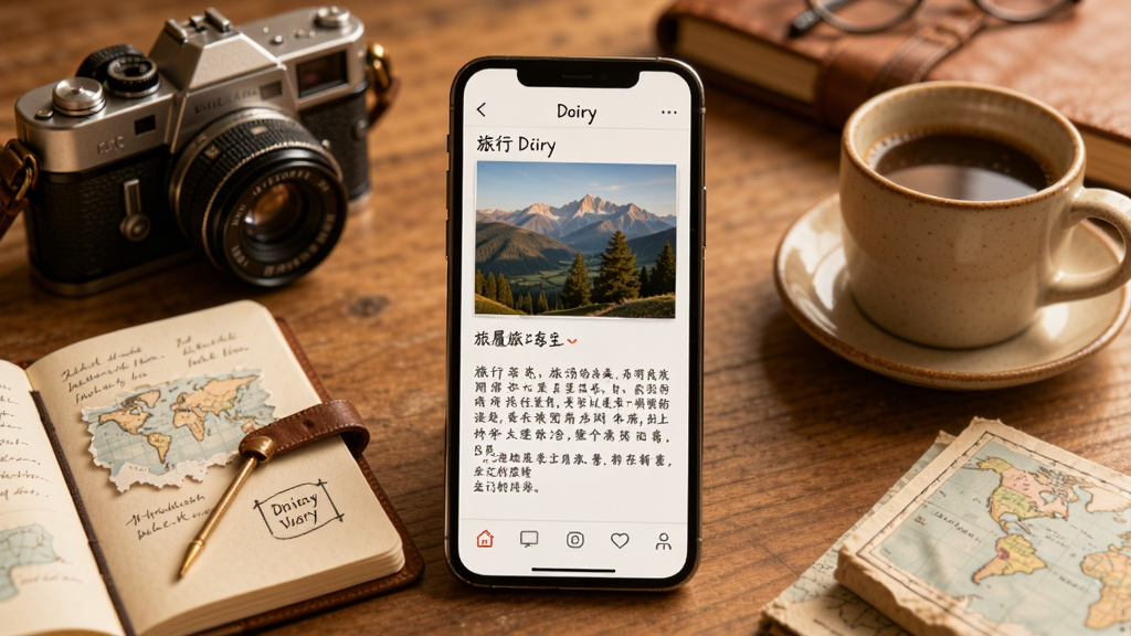 旅履旅游宝旅途记录功能展示图,画面中手机屏幕显示一篇旅行日记,包含风景照片和文字描述,手机周围有相机、笔记本和咖啡杯等旅行元素,背景为暖色调,风格温馨文艺,画质清晰,干净无多余元素