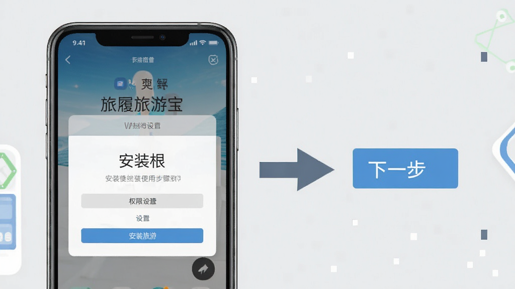 旅履旅游宝安装使用步骤示意图,画面中一部手机展示安装权限设置页面,旁边有箭头引导指向下一步,背景为浅灰色,风格简洁明了,画质清晰,干净无多余元素