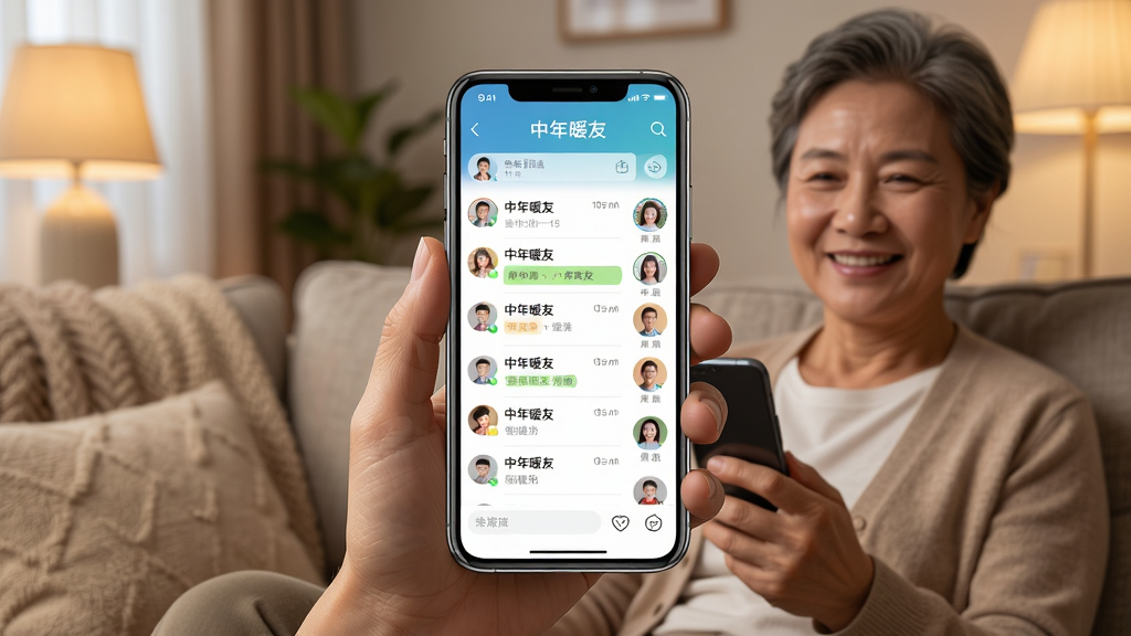 画面中央放置一部智能手机,手机屏幕显示“中年暖友”APP主界面,界面中有聊天列表和好友头像,背景是温馨的客厅场景,一位面带微笑的中年人坐在沙发上手持手机,布局采用中心构图,排版简洁清晰,风格为写实生活化,细节包括手机边框光泽、沙发纹理、暖色灯光,画质高清,干净,无多余元素