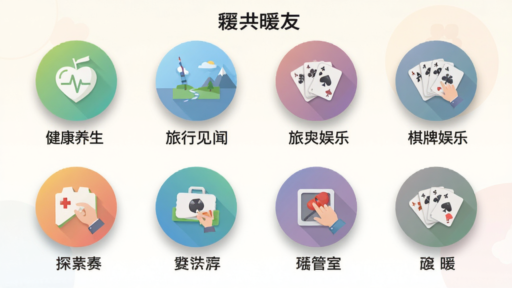 画面展示“中年暖友”APP内部的兴趣圈子界面,多个彩色圆形图标代表不同话题分类,图标下方有文字标签如“健康养生”“旅行见闻”“棋牌娱乐”,布局采用网格排列,风格为扁平化插画,细节包括图标阴影、柔和渐变背景,画质高清,干净,无多余元素