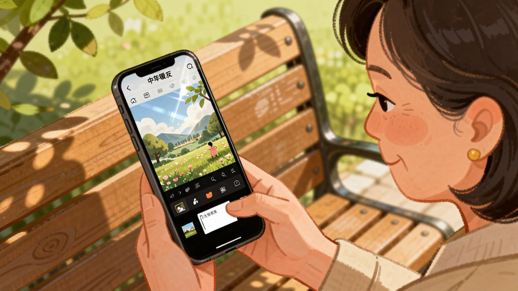 画面描绘一位中年女性在公园长椅上用手机拍摄风景照片,手机屏幕显示“中年暖友”动态发布界面,有图片编辑工具栏和文字输入框,布局采用对角线构图,风格为温暖治愈系插画,细节包括树叶光影、手机屏幕反光、长椅木纹,画质高清,干净,无多余元素