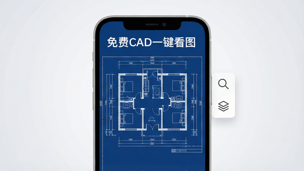 一张展示手机屏幕的图片,屏幕中央清晰地显示着一幅建筑平面CAD图纸,图纸线条为白色,背景为深蓝色,画面右侧悬浮着一个简洁的工具栏,包含放大镜和图层图标。整体构图居中,背景为干净的浅灰色渐变。风格为现代科技感UI展示图,细节上要求图纸线条锐利清晰,手机边框圆润有质感。画质为4K高清,画面干净,无多余元素,屏幕上方文字标注“免费CAD一键看图”。