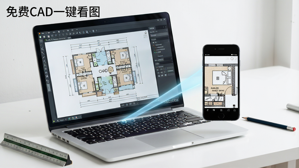 画面中央是一台打开的笔记本电脑和一部智能手机并排摆放,笔记本屏幕显示复杂的CAD总平面图,手机屏幕显示同一张图纸的局部放大细节。两者之间用一条淡蓝色的光线连接,象征数据同步与格式兼容。背景为极简的白色工作台,旁边放着一把比例尺和一支铅笔。风格为写实商务摄影,细节上要求屏幕内容清晰可见,光线柔和自然,画质高清,画面干净,无多余元素,笔记本电脑屏幕角落显示文字“免费CAD一键看图”。