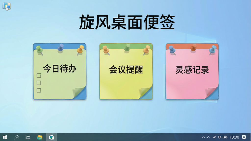 一张Windows电脑桌面场景图,画面中央整齐排列着三张彩色便签窗口,便签上分别写着“今日待办”“会议提醒”“灵感记录”等文字,便签边缘带有图钉装饰,桌面背景为简洁的浅蓝色渐变,右下角显示系统时间,整体风格清新简约,布局干净有序,细节清晰,画质高清,无多余元素,图片中文字为中文“旋风桌面便签”
