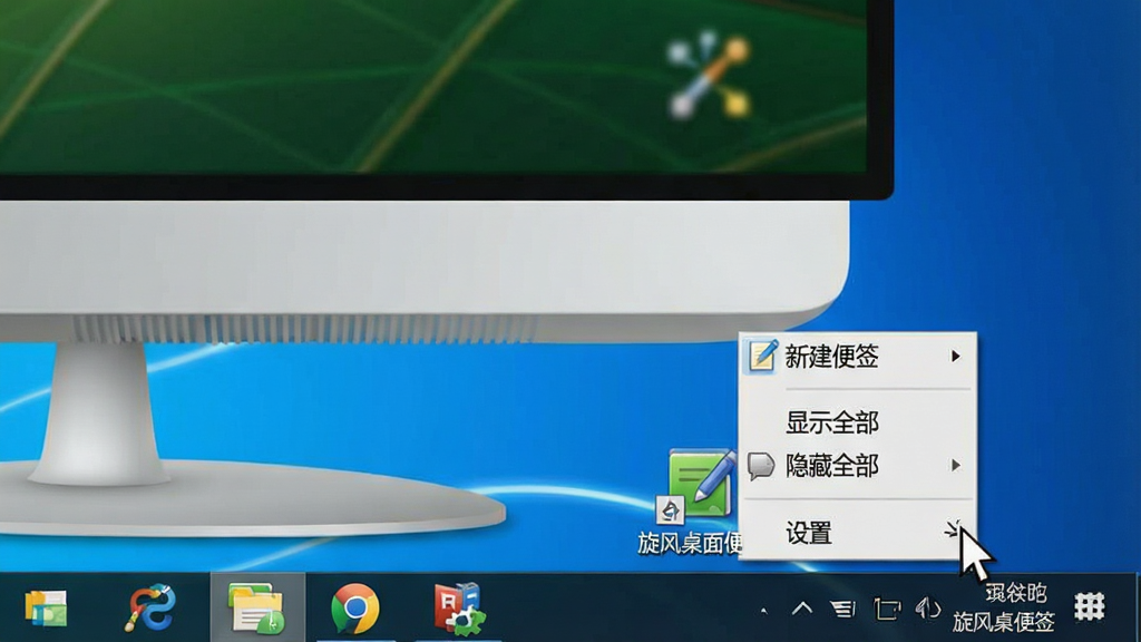 一张系统托盘操作示意图,画面右下角显示Windows任务栏托盘区域,鼠标右键点击“旋风桌面便签”图标后弹出菜单,菜单中包含“新建便签”“显示全部”“隐藏全部”“设置”等选项,画面整体风格写实,布局清晰,细节丰富,画质高清,干净无多余元素,图片中文字为中文“旋风桌面便签”