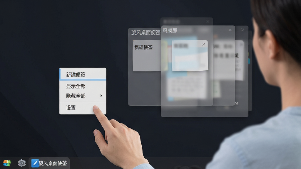 一张电脑桌面操作场景图,画面中用户正在点击“旋风桌面便签”的系统托盘图标,弹出菜单显示“新建便签”“显示全部”“隐藏全部”“设置”等选项,桌面背景为简洁的深色壁纸,便签窗口以半透明效果呈现,整体风格写实清晰,布局合理,细节丰富,画质高清,无多余元素,图片中文字为中文“旋风桌面便签”