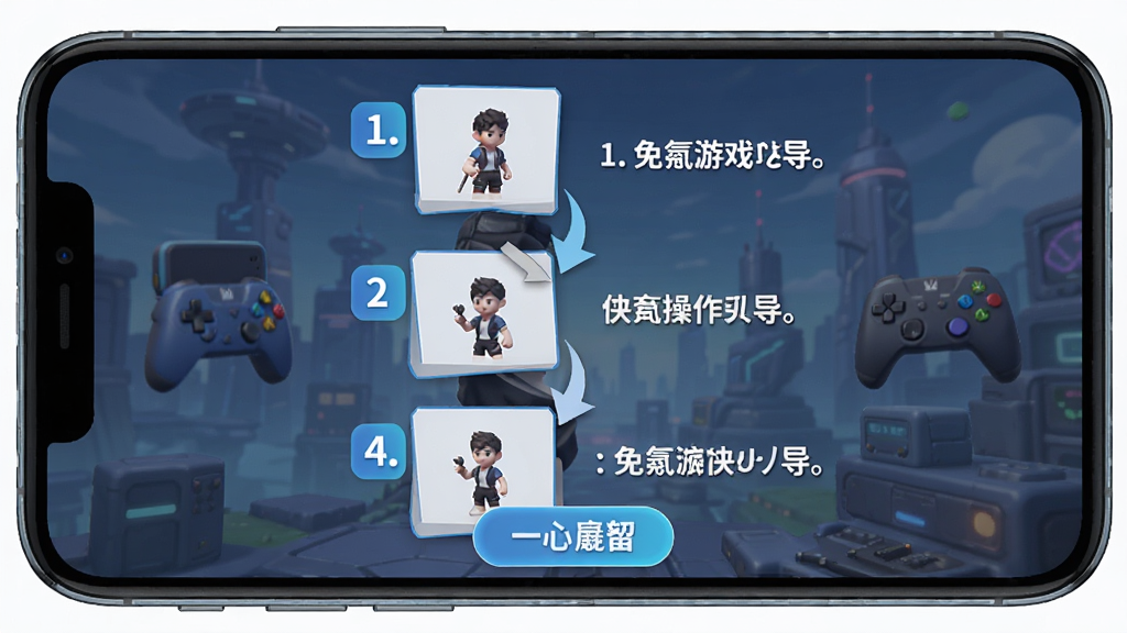 免氪游戏侠新手操作引导页面,主体为手机屏幕中展示分步操作图示,布局采用纵向步骤排列,排版清晰标注序号与说明文字,风格为简洁明快的教学风格,细节包含箭头指引与高亮按钮,画质高清干净无多余元素