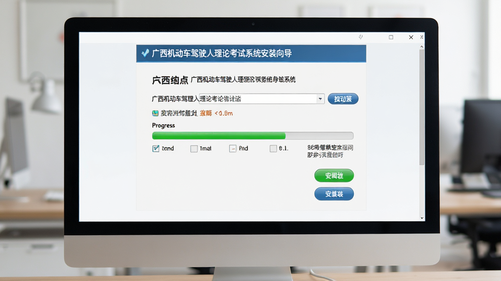 广西机动车驾驶人理论考试系统安装向导界面,主体为电脑屏幕显示安装路径选择与进度条,布局居中,排版简洁,风格干净商务,细节包含浏览按钮、安装按钮、磁盘空间提示,画质清晰,干净,无多余元素