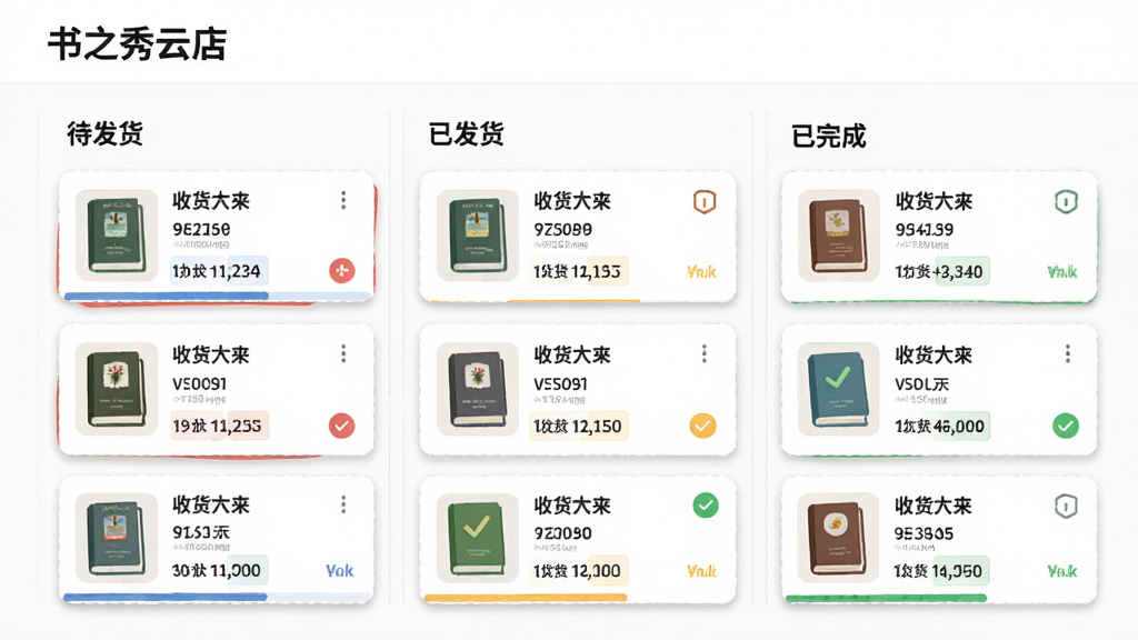 画面展示一个订单处理看板界面,标题为“书之秀云店”,看板分为三列,分别标注“待发货”“已发货”“已完成”,每列中有若干订单卡片,卡片上显示图书小图和收货信息。布局采用正面平视的看板视图,排版整齐,风格为现代办公软件界面插画,细节上卡片有轻微阴影和状态色条,背景为干净的白色。画质清晰,干净,无多余元素。