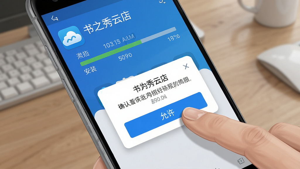 画面中一部安卓手机正在安装“书之秀云店”应用,屏幕上显示安装进度条和权限确认弹窗,手机旁边有一只手正准备点击“允许”按钮。布局为特写视角,手机占据画面主体,背景为虚化的桌面。排版简洁,风格为写实数码插画,细节上突出安装进度和权限弹窗的文字区域,色彩以蓝色和白色为主。画质清晰,干净,无多余元素。