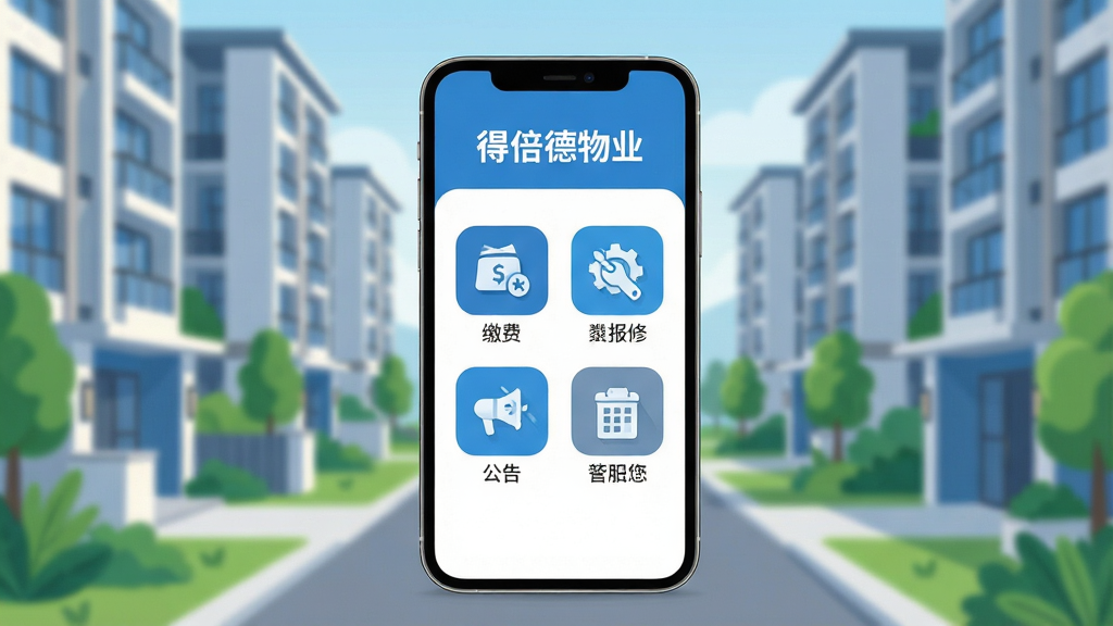 画面中央放置一部智能手机,手机屏幕显示“得倍德物业”软件首页界面,界面包含缴费、报修、公告、门禁四个功能图标;背景为现代住宅小区环境,楼宇排列整齐,绿植点缀;整体采用扁平化插画风格,色调以蓝色和白色为主,干净清爽;画面布局上手机居中,小区背景虚化处理;细节上手机屏幕文字清晰,图标圆润,光影柔和;画质高清,干净,无多余元素