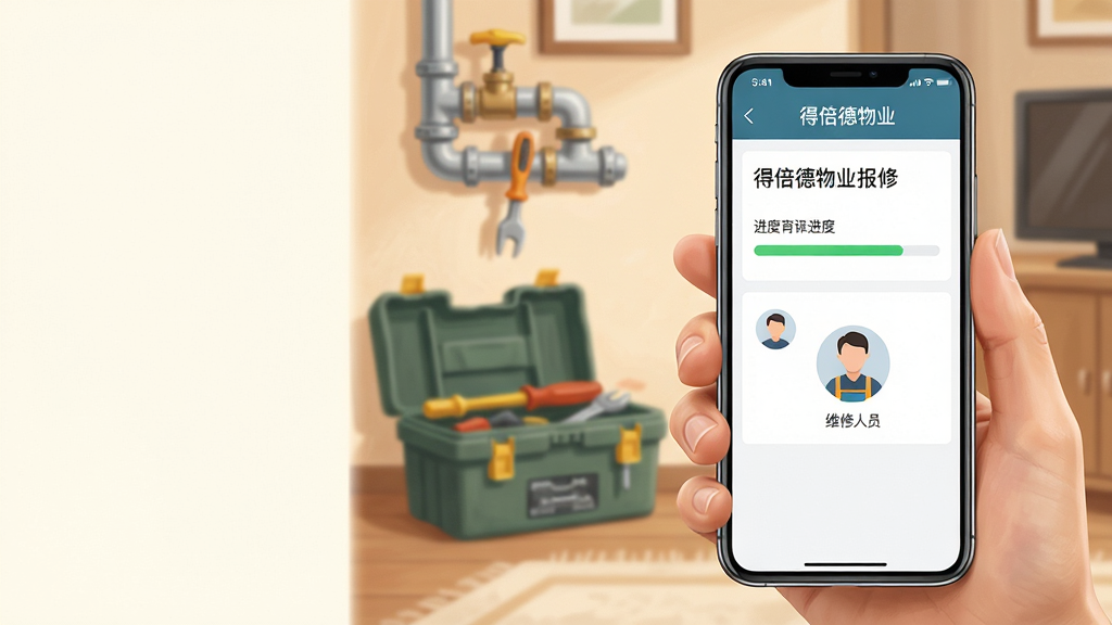 画面主体为一只手拿着手机,手机屏幕显示“得倍德物业”报修工单界面,界面中有进度条和维修人员头像;背景为家庭室内场景,有水管和工具箱元素;风格为写实插画,色调温暖;布局上手机位于画面右侧,左侧留白;细节上工单状态文字清晰,图标简洁;画质高清,干净,无多余元素