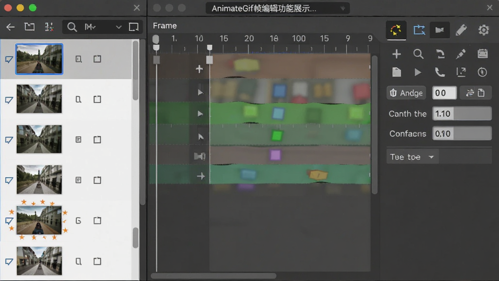 AnimateGif帧编辑功能展示,主体为帧编辑面板与时间轴,布局为左侧帧列表右侧编辑工具栏,排版紧凑有序,风格为专业软件操作界面,细节包含帧缩略图、删除复制按钮、时长数值输入框,画质高清干净无多余元素