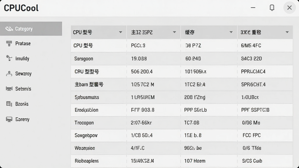 展示 CPUCool 硬件信息检测页面,主体为硬件参数列表,布局为左侧类别导航,右侧详细信息表格,排版规整,风格为浅灰质感 UI,细节包含 CPU 型号、主频、缓存、主板型号等字段,画质高清,画面干净,无多余元素,图中包含文字“CPUCool”