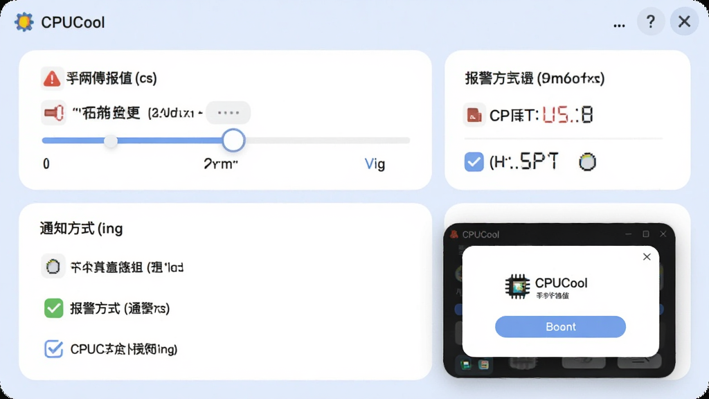 展示 CPUCool 温度报警设置界面,主体为温度阈值滑块与报警方式勾选项,布局为上方阈值调节,下方通知方式列表,排版清晰,风格为柔和圆角 UI,细节包含警告图标、温度数字、弹窗预览,画质清晰,画面干净,无多余元素,图中包含文字“CPUCool”