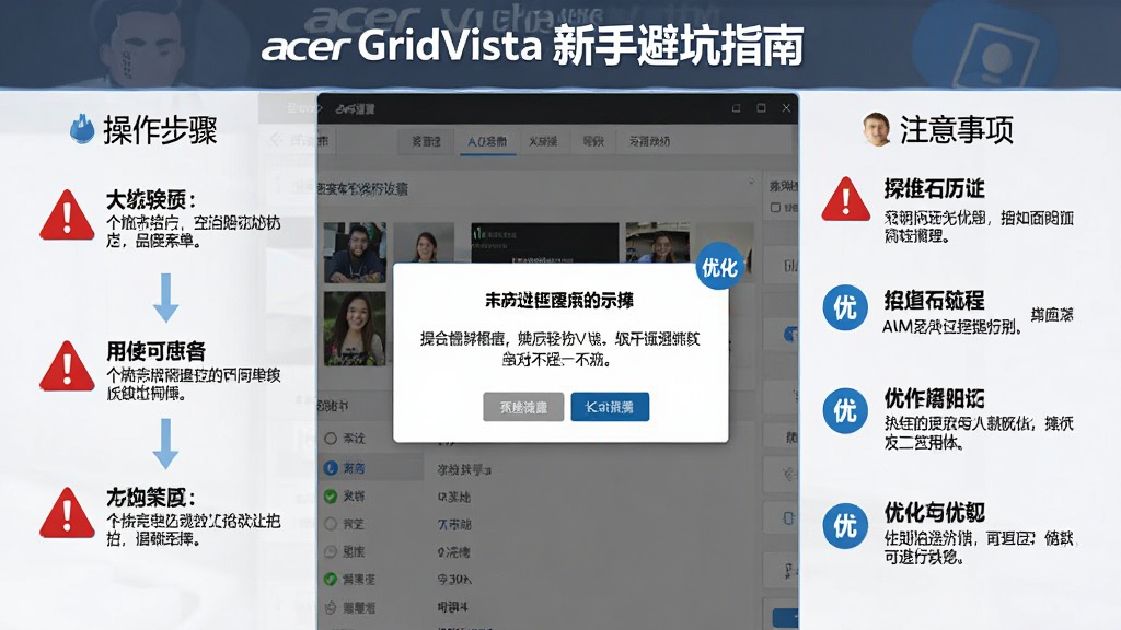 Acer GridVista新手避坑指南示意图,主体为软件设置界面与提示弹窗,布局为左右分栏,排版为左侧操作步骤右侧注意事项,风格为教程图解风,细节包含红色警告图标与蓝色优化标记,画质清晰,干净,无多余元素
