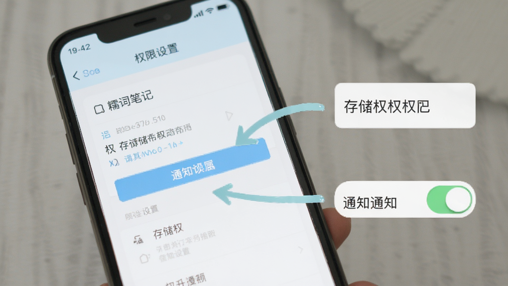 糯词笔记使用教程示意图,手机屏幕显示权限设置界面,旁边有箭头指向存储权限和通知权限开关,风格清新浅色,画质清晰,无多余元素