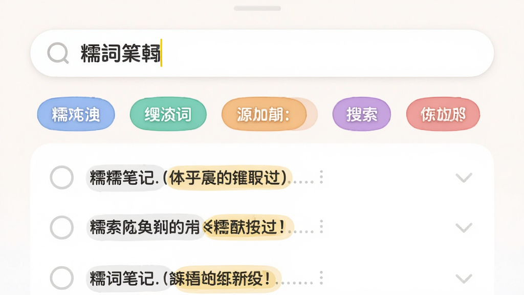 糯词笔记搜索界面,输入框内显示关键词,下方搜索结果列表高亮匹配文字,标签栏显示多个彩色标签,风格柔和圆角,画质清晰,无多余元素