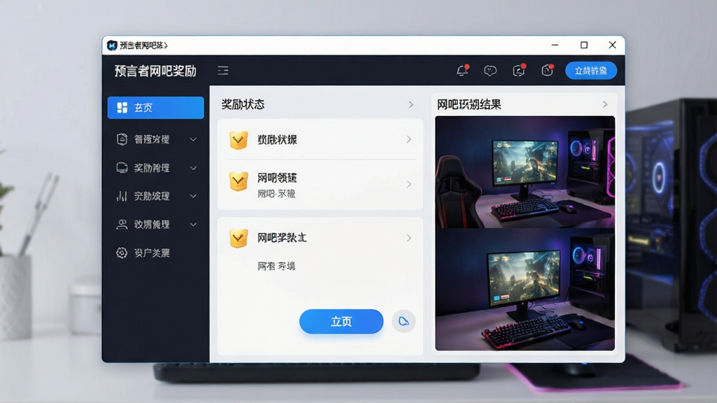 一张展示“预言者网吧奖励”软件主界面的全景图,画面中央是软件窗口,左侧为功能导航栏,右侧显示奖励领取状态与网吧环境识别结果,整体布局清晰,排版规整,风格为现代科技感UI设计,细节包括按钮高亮、图标精致、文字清晰可辨,画质干净无多余元素