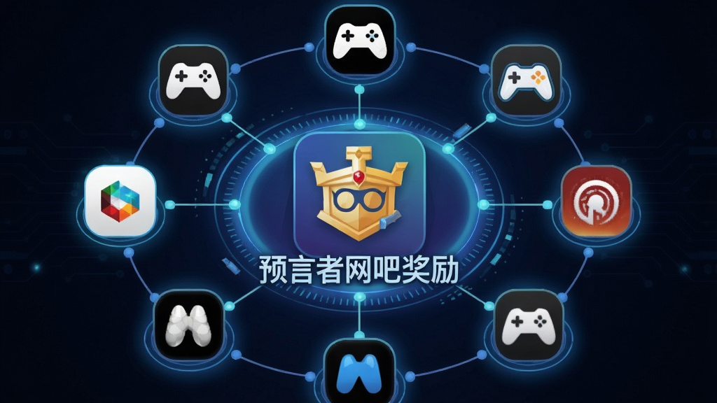 一张展示“预言者网吧奖励”多平台兼容性的示意图,画面中央是软件Logo,四周环绕着多个知名游戏平台的图标,布局采用环形排列,风格为科技互联风格,细节包括连接线、光晕效果、平台标识清晰,画质干净无多余元素