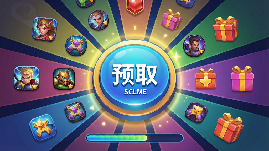 一张展示“预言者网吧奖励”一键领取功能的操作界面图,画面中央是一个醒目的圆形领取按钮,按钮周围环绕着游戏图标和礼包图标,布局采用放射状排版,风格为活泼的游戏化UI设计,细节包括按钮的立体质感、光效点缀、进度条动画,画质干净无多余元素