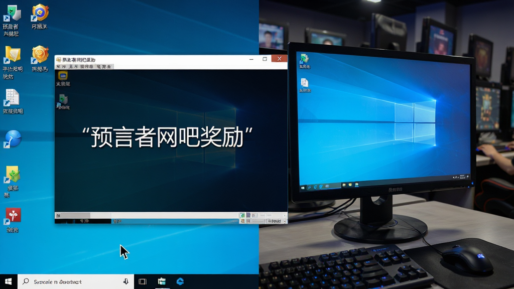 一张展示“预言者网吧奖励”在Windows电脑上运行的实拍风格截图,画面主体为软件窗口,旁边放置一台显示网吧环境的显示器,布局采用左右分栏,风格为写实科技风,细节包括桌面图标、任务栏、鼠标指针,画质干净无多余元素