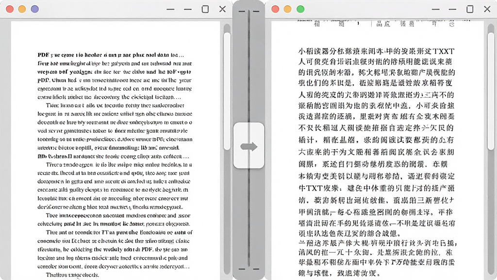 稻壳阅读器分屏阅读功能展示图,画面中左右两个窗口并排显示不同文档,左侧为英文PDF,右侧为中文TXT,中间有可拖动的分隔条,风格素雅极简,细节包括窗口控制按钮和滚动条,画质清晰,干净无多余元素