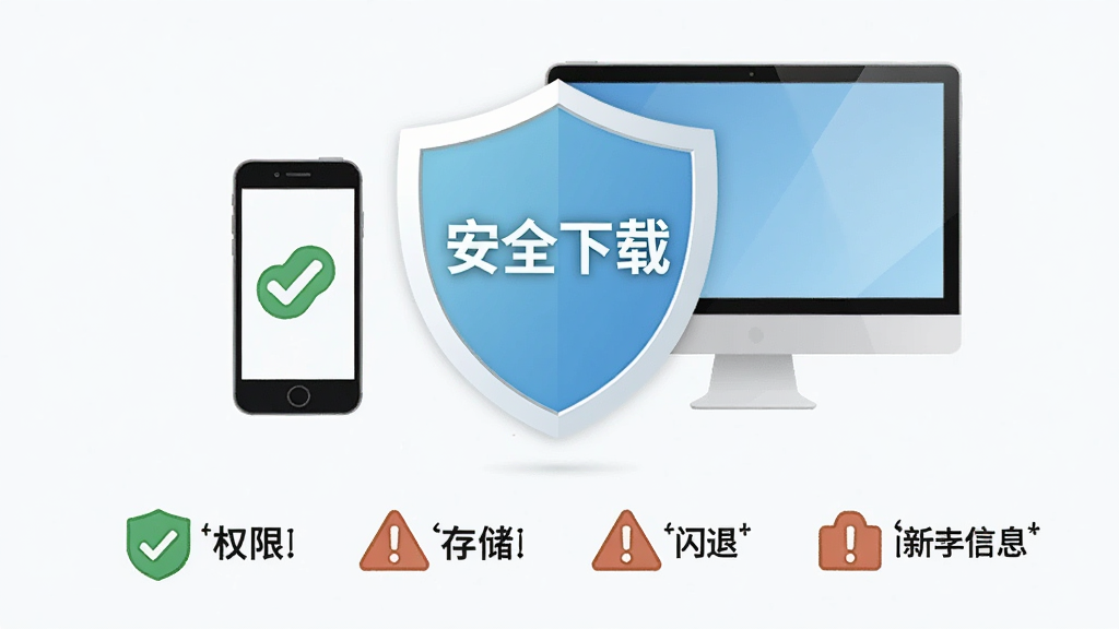 稻壳阅读器新手避坑指南信息图,画面中央是一个盾牌图标,周围环绕着手机和电脑,盾牌上写着“安全下载”,下方列出权限、存储、闪退等关键词,风格清爽素雅,细节包括对勾和警告标志,画质清晰,干净无多余元素