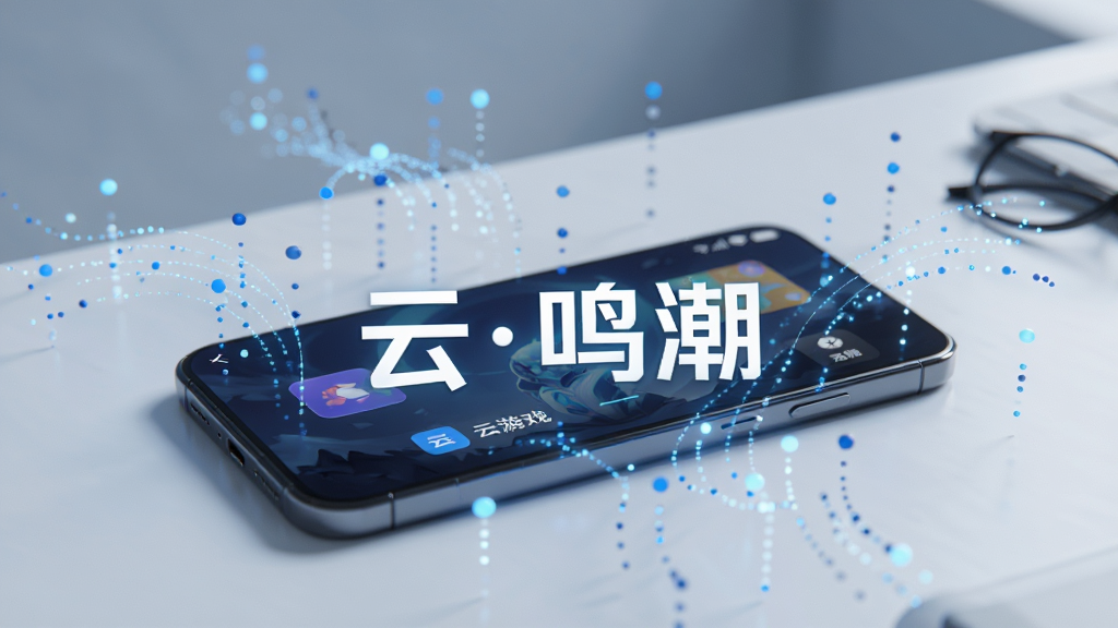 一部智能手机放在桌面上,屏幕亮起显示云游戏启动界面,周围漂浮着象征数据流的蓝色光点,背景简洁,风格清爽,高画质,干净,无多余元素,图片中打上文字“云鸣潮”。