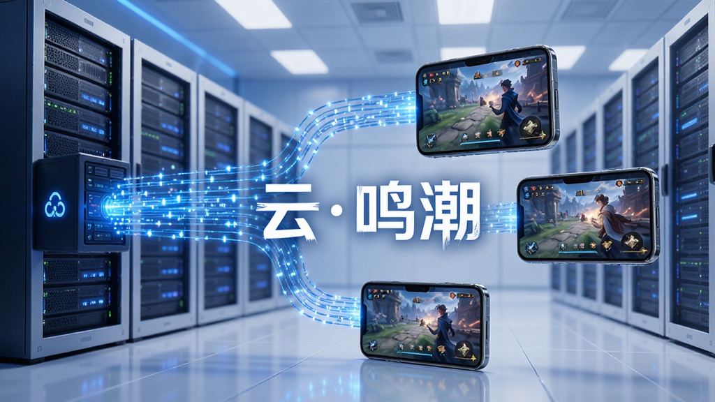 展示云端服务器机房的概念图,数据流从服务器涌向不同型号的手机屏幕,屏幕中显示着精美的游戏画面,整体色调以蓝白为主,科技感十足,高画质,干净,无多余元素,图片中打上文字“云鸣潮”。